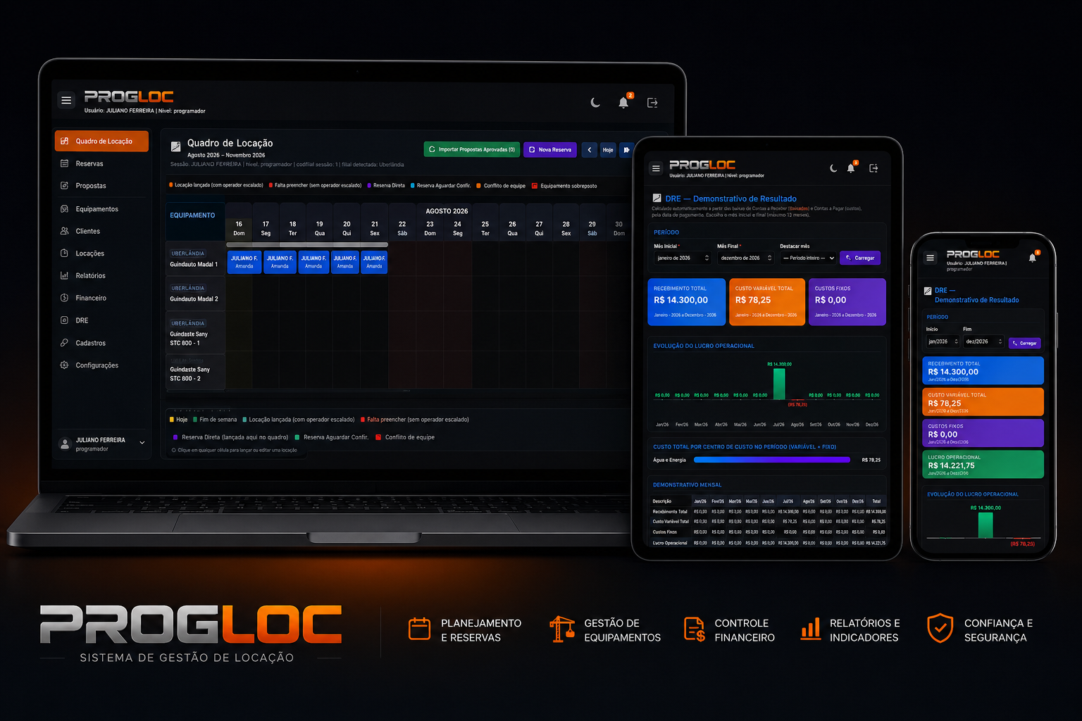 PROGLOC WEB em notebook, tablet e celular